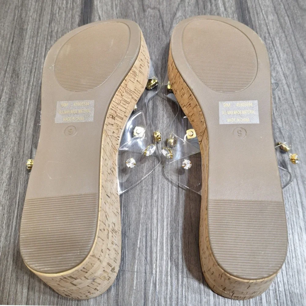 Comfort Women's Size 9M Tan Clear PVC Straps Rhinestones Cork Wedge Sandals